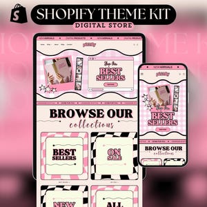 Può includere: Kit a tema per negozio digitale visualizzato su tablet e smartphone. Il design presenta una combinazione di colori rosa e bianco con il testo "Shopify Theme Kit" e "Digital Store". Gli schermi mostrano "Best Sellers" e "Browse Our Collections".