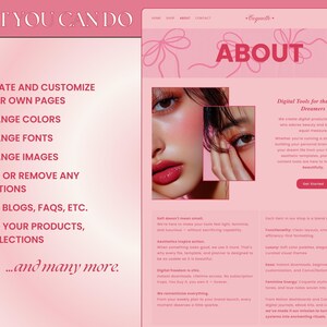 May include: A pink website with the text "WHAT YOU CAN DO" and "ABOUT" in large, bold, red font. The website is for a business that creates digital tools for dreamers. The text on the website describes the features of the digital tools, such as creating and customizing pages, changing colors and fonts, adding or removing sections, and editing blogs and FAQs.