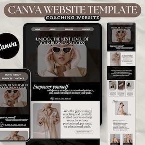 May include: A Canva website template for a coaching website, showcasing a mobile phone, tablet, and desktop layout. The design features a woman in sunglasses, with text that reads "Unlock the Next Level of Your Business Success."