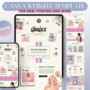 Peut inclure: Maquette numérique d'un modèle de site web pour Canva, affichée sur une tablette et un smartphone. Le design présente une palette de couleurs rose clair et bleu avec le texte "CANVA WEBSITE TEMPLATE" et "ginger" dans une police stylisée. Le modèle est conçu pour SMM, les coachs, et plus encore.