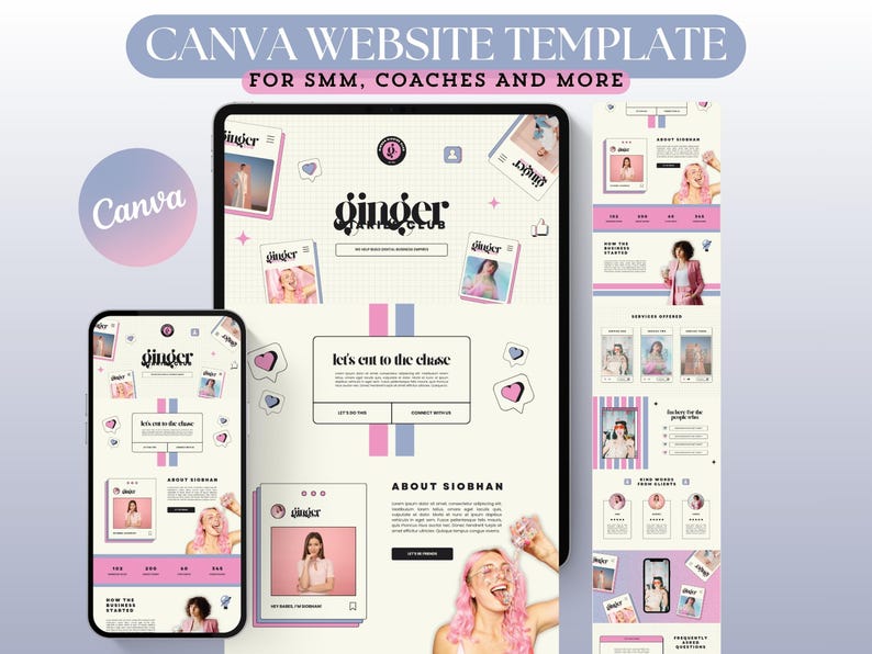 May include: A digital mockup of a website template for Canva, displayed on a tablet and smartphone. The design features a light pink and blue color scheme with the text "CANVA WEBSITE TEMPLATE" and "ginger" in a stylized font. The template is designed for SMM, coaches, and more.