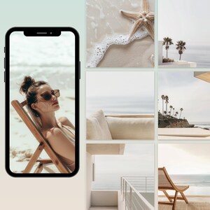 May include: A collage of images featuring a woman relaxing on a beach chair, a starfish on the sand, palm trees, and a view of the ocean from a balcony.