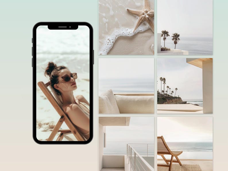 May include: A collage of images featuring a woman relaxing on a beach chair, a starfish on the sand, palm trees, and a view of the ocean from a balcony.