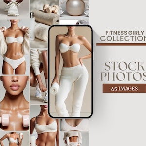 以下が含まれることがあります： フィットネスをテーマにしたストックフォトのコラージュ。白いブラジャーとスウェットパンツなど、スポーツウェアを着た女性たちの画像。テキスト「Fitness Girly Collection」と「Stock Photos」が表示されています。