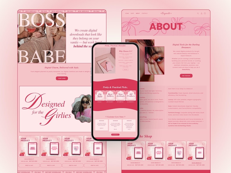 Shopify Theme Kit Coquette Aesthetic Shopify Website Template Canva Banners Cute Template Pink Landing Page Shopify Theme Girly Luxury Kit image 6