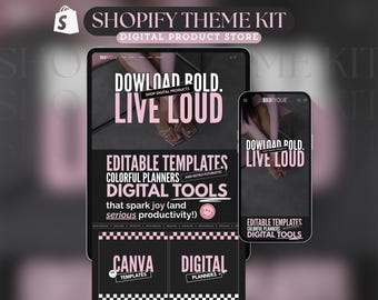 May include: A Shopify theme kit digital product store display. The image shows a tablet and phone displaying a website with the text "DOWLOAD BOLD. LIVE LOUD." The kit includes editable templates, digital tools, and Canva templates.