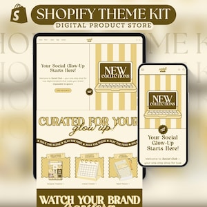 Op de afbeelding: Een thema-kit voor een digitale productwinkel weergegeven op een tablet en smartphone. Het ontwerp heeft een crème- en bruin kleurenschema met de tekst "Shopify Theme Kit" en "Digital Product Store". De tablet- en telefoonschermen tonen website-mockups.