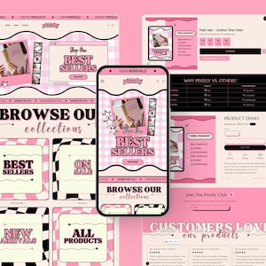 May include: A digital product website design with a pink and cream color scheme. The design includes a smartphone displaying the website, with the text "Shop Our Best Sellers" and "Browse Our Collections". Other website pages are also visible.