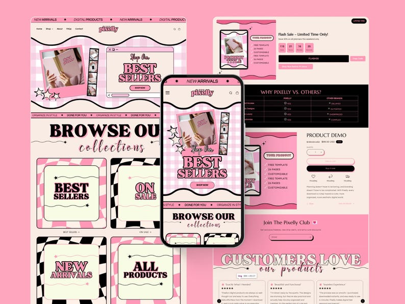 May include: A digital product website design with a pink and cream color scheme. The design includes a smartphone displaying the website, with the text "Shop Our Best Sellers" and "Browse Our Collections". Other website pages are also visible.