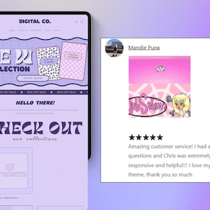 May include: A tablet screen displaying a digital planner website with a purple and white design. The site promotes a "NEW COLLECTION" and features digital planners. Text includes "CHECK OUT our collections". A customer review is also visible.