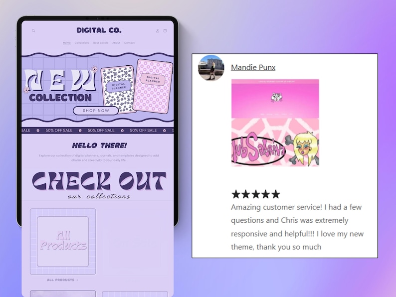 May include: A tablet screen displaying a digital planner website with a purple and white design. The site promotes a "NEW COLLECTION" and features digital planners. Text includes "CHECK OUT our collections". A customer review is also visible.