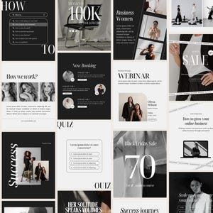 Puede incluir: Una colección de publicaciones en redes sociales en una paleta monocromática. Las publicaciones cubren temas como negocios, seminarios web y crecimiento en línea. El texto incluye "How To", "100K Followers", "Sale" y "Black Friday Sale".