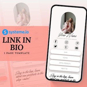 May include: A white and pink mobile phone screen displaying a link in bio template. The template features a woman's photo, social media icons, and buttons for shop, course, digital products, and about me. The text "Stay in the loop, learn about new products in the shop + more!" is displayed at the bottom of the screen.