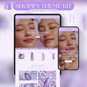 May include: A digital mockup of a skincare store website on a tablet and smartphone. The website features a woman's face with the text "Glow Beyond the Galaxy." The Shopify Theme Kit logo is at the top.