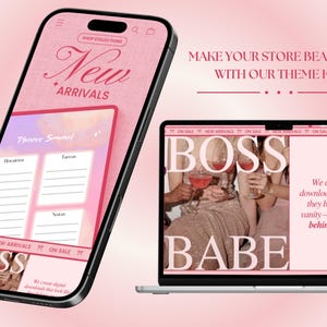 May include: A pink and white digital planner template with the text "Planner Journal" and sections for "Habits", "Tasks", and "Notes". The template is displayed on a smartphone screen with the text "New Arrivals" and "Boss Babe" on the bottom of the screen.