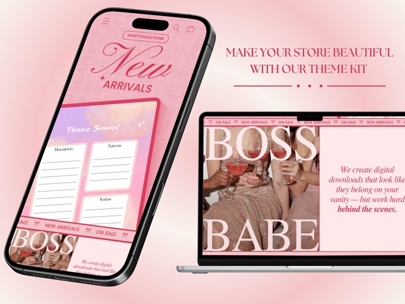 May include: A pink and white digital planner template with the text "Planner Journal" and sections for "Habits", "Tasks", and "Notes". The template is displayed on a smartphone screen with the text "New Arrivals" and "Boss Babe" on the bottom of the screen.