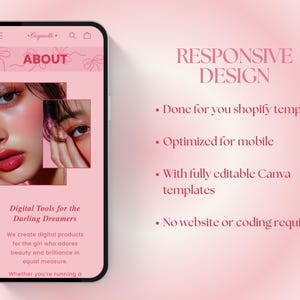 May include: A mobile phone screen displaying a website with the text "ABOUT" and "Digital Tools for the Darling Dreamers". The website is pink and features a photo of a woman's face. The text "RESPONSIVE DESIGN" is displayed on the right side of the image.