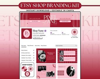 May include: An Etsy shop branding kit template with a red and pink color scheme. The design includes a shop banner, shop name, and product display templates. Text includes "Instant Download | Editable in Canva" and "Buy 2, Get 10% Off".