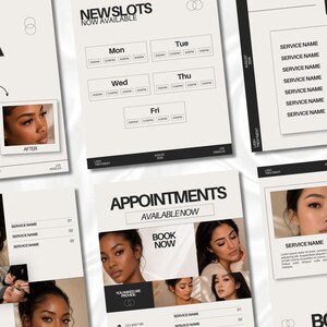 May include: A collection of digital marketing templates for lash services featuring a neutral color palette. The layouts include sections for appointment scheduling, service lists, and before-and-after photography, with bold black text headers.