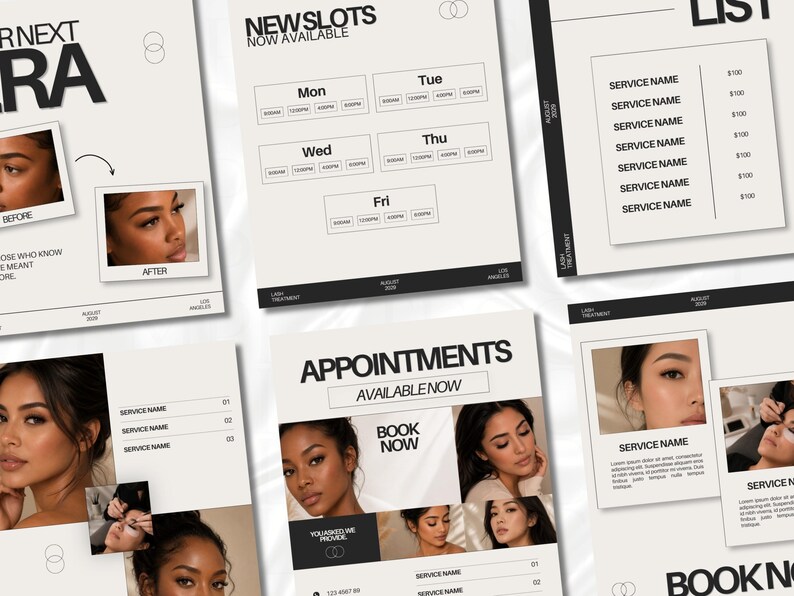 May include: A collection of digital marketing templates for lash services featuring a neutral color palette. The layouts include sections for appointment scheduling, service lists, and before-and-after photography, with bold black text headers.