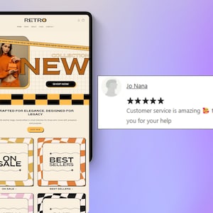 May include: A tablet screen shows a website with a retro aesthetic. The site promotes a "NEW COLLECTION" with a person in orange attire, and sections for "ON SALE" and "BEST SELLERS". A customer review states: "Customer service is amazing thank you for your help."