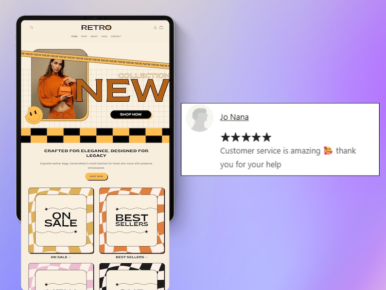 May include: A tablet screen shows a website with a retro aesthetic. The site promotes a "NEW COLLECTION" with a person in orange attire, and sections for "ON SALE" and "BEST SELLERS". A customer review states: "Customer service is amazing thank you for your help."