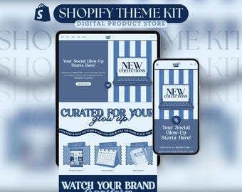 Könnte beinhalten: Digitales Produkt-Store-Theme-Kit, das auf einem Tablet und Smartphone angezeigt wird. Das Tablet zeigt eine Website mit blau-weißen Streifen, dem Text "Your Social Glow-Up Starts Here!" und "New Collections". Das Smartphone zeigt ein ähnliches Design.