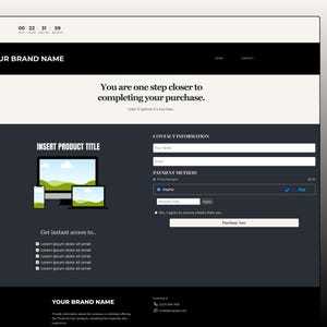 May include: A dark gray order form with a black header and footer. The header says "YOUR BRAND NAME" and the footer says "YOUR BRAND NAME". The form has a section for contact information, a section for payment method, and a button that says "Purchase Now".