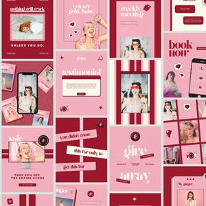 May include: A collage of pink and red social media templates. The designs include images of a woman, text such as "Nothing will work unless you do," and various graphics. The overall theme is feminine and promotional, with a modern aesthetic.