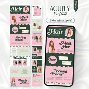 May include: A digital design template for a hair salon booking page and social media posts, featuring a dark green and light pink color scheme with wavy borders. The text includes Hair by Amanda, Meet Her, Booking Policies, and Client Gallery.