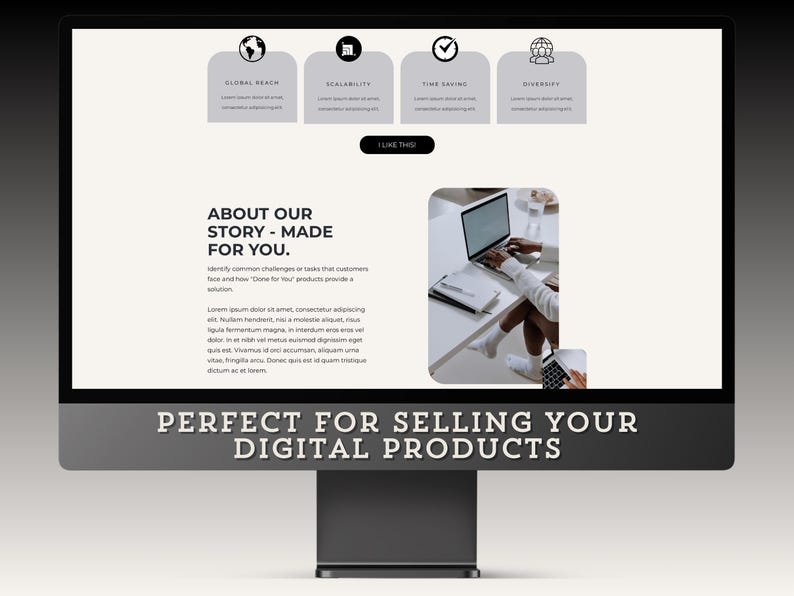 May include: A computer screen displaying a website with a white background and black text. The website features a section titled "About Our Story - Made For You." The text describes the website's purpose and features. The website also includes a section titled "Perfect For Selling Your Digital Products." The website is designed to help businesses sell their digital products online.
