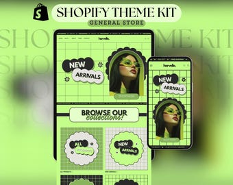 May include: A digital mockup of a Shopify theme kit for a general store, displayed on a tablet and smartphone. The website design features a lime green grid background with the text "NEW ARRIVALS" and "BROWSE OUR collections!"