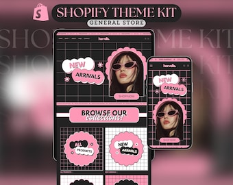 Pode incluir: Um design de kit de tema Shopify exibido em um tablet e smartphone. O design apresenta um esquema de cores preto e rosa com o texto "Shopify Theme Kit" e "General Store". As telas exibem um site com "New Arrivals" e "Browse Our Collections!"