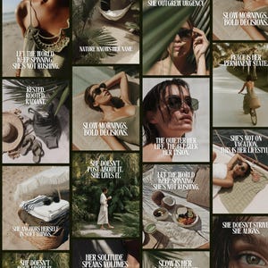 Könnte beinhalten: Eine Collage von Bildern in neutralen Farben, die Frauen in verschiedenen entspannten Umgebungen zeigen. Textüberlagerungen enthalten Sätze wie "Slow Mornings, Bold Decisions" und "She Doesn't Post About It, She Lives It."
