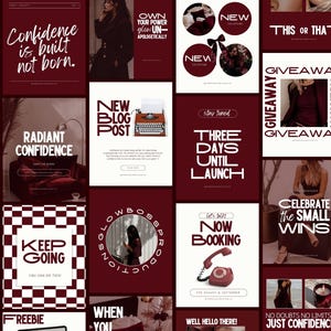 Puede incluir: Un collage de gráficos de redes sociales en borgoña con texto blanco. Los gráficos incluyen frases como "La confianza se construye, no nace", "Nueva publicación de blog" y "Sorteo". Otros gráficos presentan imágenes de una máquina de escribir, un teléfono y una mujer.