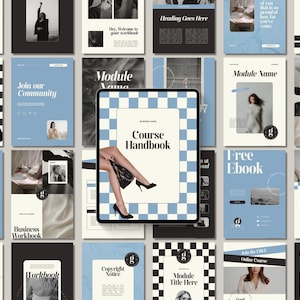 May include: A selection of digital marketing templates, including a tablet showing a "Course Handbook" and various promotional documents. The color scheme is predominantly blue, black, and cream, with checkerboard and geometric patterns. The image features text such as "Join our Masterclass" and "Free Ebook."