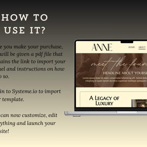 May include: A laptop computer screen displaying a website with the text "ANNE" and "meet the founder" in a white font on a beige background. The website also includes the text "A LEGACY OF LUXURY" in a white font on a beige background.