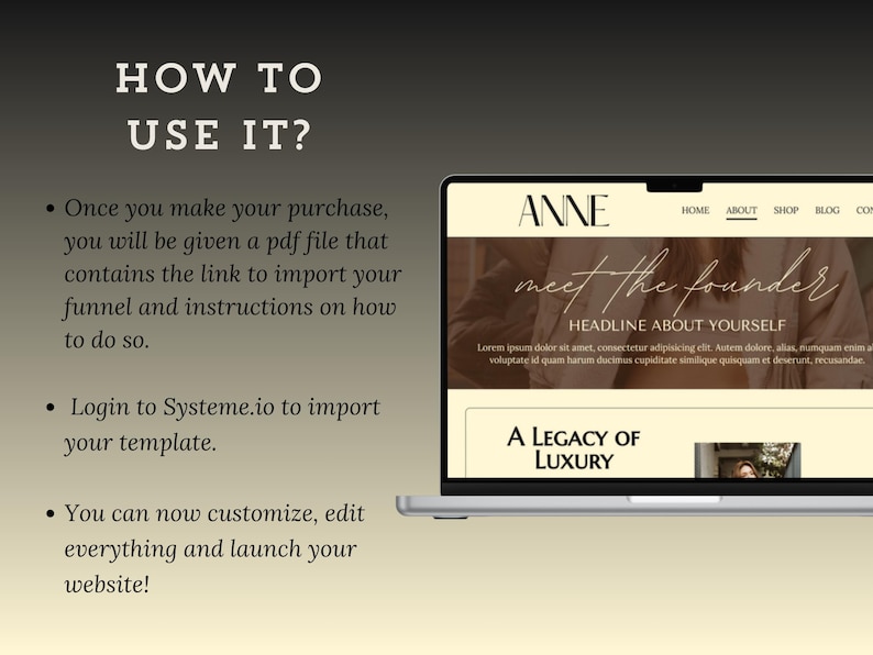 May include: A laptop computer screen displaying a website with the text "ANNE" and "meet the founder" in a white font on a beige background. The website also includes the text "A LEGACY OF LUXURY" in a white font on a beige background.