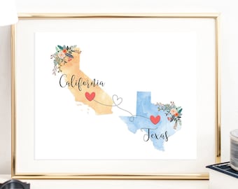 California Texas Wall Art / California Texas Print / Texas California Wall Art / Texas California Print / Two State Print / State Decor