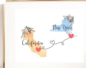 California New York Wall Art / California New York Print / New York California Wall Art / New York  California Print / Two State Print