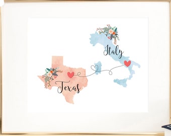 Texas Italy Wall Art / Italy Texas Print / Texas Italy Print / Two State Print / State Decor / Italy Decor