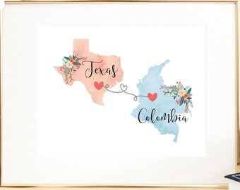 Texas Colombia Wall Art / Colombia Texas Print / Texas Colombia Print / Two State Print / State Decor / Colombia Decor