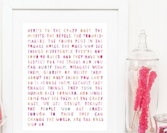 Here's to the Crazy Ones Print / Available in Five Color Schemes / Steve Jobs Quote Print / Customizable Color / 8x10 and 11x14