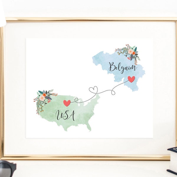 USA Belgium Wall Art / Belgium USA Print / United States Belgium Print / Trip Reveal Print / Military Gift / Au Pair Gifts / Vacation Reveal