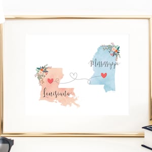 Arte mural de Luisiana, Mississippi / Impresión de Luisiana, Mississippi / Decoración de Luisiana / Impresión de dos estados / Decoración estatal