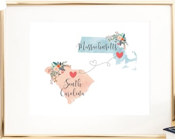 Arte de parede da Carolina do Sul, Massachusetts / Impressão da Carolina do Sul, Massachusetts / Decoração da Carolina do Sul, Massachusetts / Impressão de dois estados