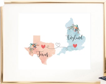 Texas England Wall Art / England Texas Print / England Hostess Gift / Moving to Texas / Going Away to College Gift