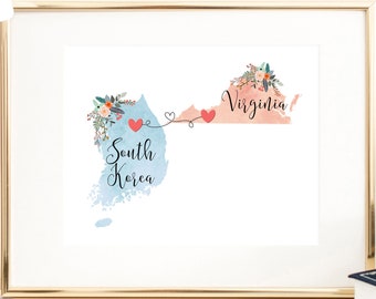 Virginia South Korea Wall Art / South Korea Virginia Print / South Korea Hostess Gift / Moving to Virginia / Going Away Gift