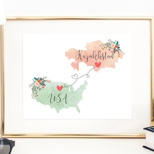 USA Kazakhstan Wall Art / Kazakhstan USA Print / United States Kazakhstan Print / Trip Reveal Print / Military Gifts / Vacation Reveal