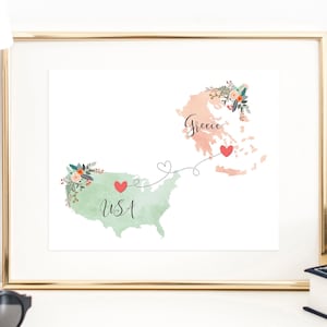 USA Greece Wall Art / Greece USA Print / United States Greece Print / Trip Reveal Print / Military Gifts / Au Pair Gift / Vacation Reveal
